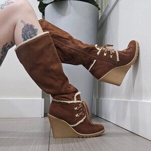 Ann Taylor Loft ✦ Toffee Brown Crepe Wedge Boots ✦ Suede Shearling Trim Lace Zip